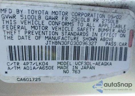 2003 Lexus Ls 430 from USA, damaged, VIN JTHBN30F030096327